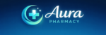 Aura Pharmacy landscape logo with blue gradient background and medical cross symbol